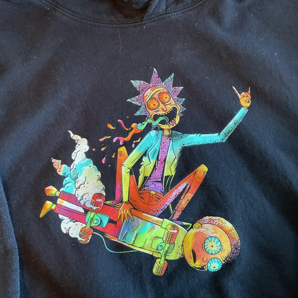 Rick and‎ Morty Hoodie Mens Large Black Pullover Graphic Sleeve Print Adult Swim